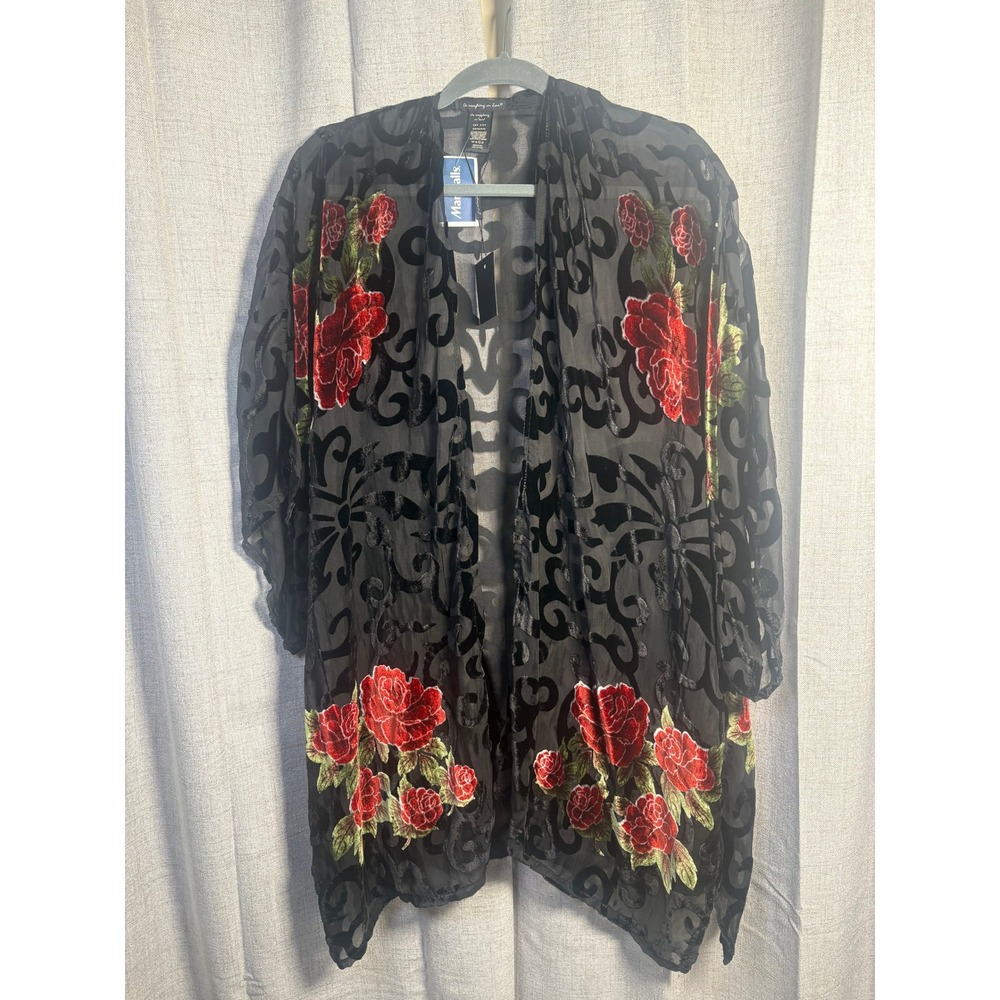 Do Everything In Love Kimono Black Velvet Burnout Red Rose Floral Wrap One Size